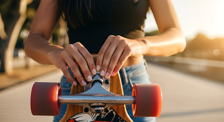 Longboard rider is preparing a skateboard on a sunlit path, highlighting the colorful wheels and deck, capturing the essence of outdoor adventure and leisureの素材