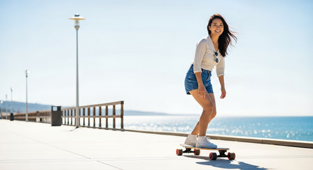Female longboarder enjoys cruising along a scenic waterfront path, with sunlight illuminating her smile, ocean waves in the background, creating a lively and carefree sceneの素材