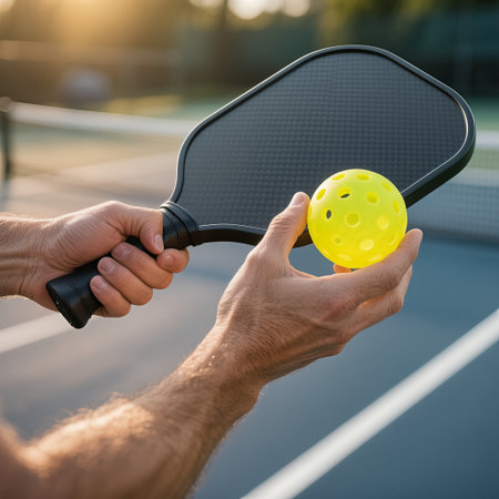 Male athlete holds paddle and yellow ball on outdoor court, demonstrating readiness for action in a lively sports setting with warm sunlight and blurred backgroundの素材