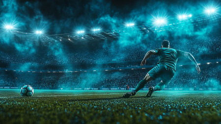 Soccer athlete in teal uniform is poised to kick the ball on a lush field, surrounded by a cheering crowd and bright stadium lights, capturing the thrill of the gameの素材