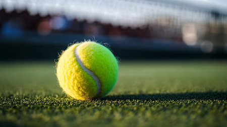 Yellow tennis ball positioned on green grass, highlighting its fuzzy texture and vibrant color, with a blurred tennis court backdrop, capturing the essence of outdoor sportsの素材