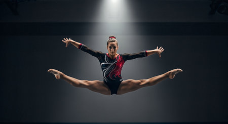 Gymnast executing a stunning split leap, demonstrating strength and flexibility in a well-lit training space, capturing the essence of athletic performance and dedicationの素材