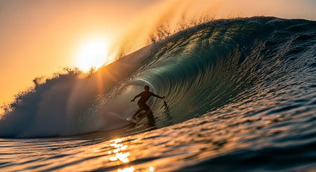Individual surfing a large wave during sunset, with sunlight reflecting off water, creating a dramatic scene filled with energy and excitementの素材