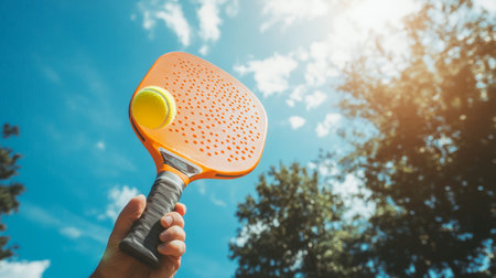 Bright orange paddle with yellow ball is held up against a clear blue sky with fluffy clouds, showcasing outdoor sports and leisure in a lively atmosphereの素材