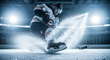 Athletic male hockey player is skating on ice, creating a spray of snow, demonstrating skill and focus in an intense sports atmosphere with bright lightsの素材
