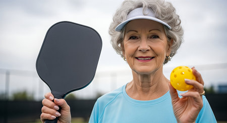 Elderly female athlete, holding pickleball paddle and ball, smiling on court, demonstrating joy and engagement in sports, promoting healthy living and activityの素材