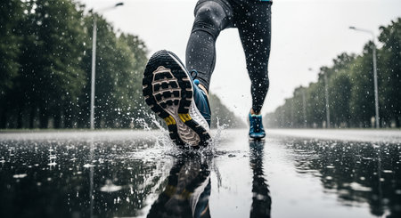 Runner in black leggings and blue shoes splashes through puddles on a rainy road, demonstrating athleticism and focus while navigating the wet environmentの素材