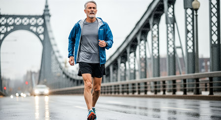 Older male runner is jogging on a rainy urban bridge, dressed in athletic clothing, emphasizing fitness and resilience in a vibrant city settingの素材