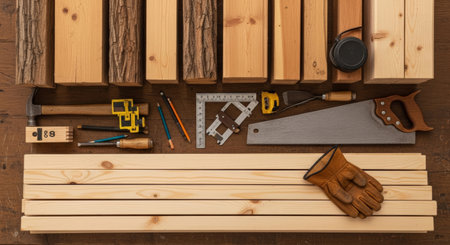 Various woodworking tools and materials are displayed on a wooden surface, featuring lumber, hand tools, and a leather glove, highlighting the art of woodworkingの素材