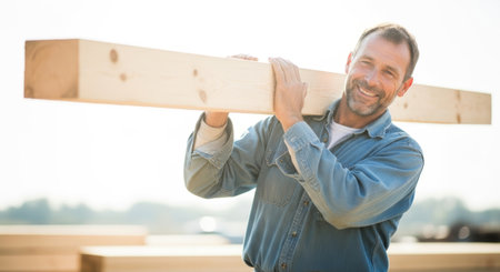 Happy man lifts a wooden beam on his shoulders, highlighting his strength and dedication in a sunny outdoor woodworking setting surrounded by lumber stacksの素材