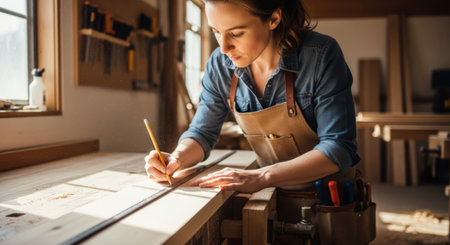 Woman carpenter is measuring and marking wood in a bright workshop, with tools and wood shavings around, highlighting her skill and focus on woodworkingの素材