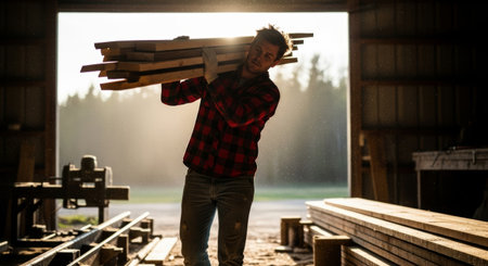 Male woodworker is carrying stacked lumber in a bright workshop, with sunlight streaming through the doorway, highlighting the beauty of craftsmanshipの素材