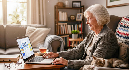 Elderly female using laptop for online learning in a warm living room, with a cup of tea and a cat, showcasing a relaxed and inviting atmosphere for remote educationの素材
