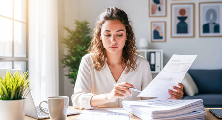 Female professional with curly hair is analyzing paperwork at a desk, surrounded by greenery and a laptop, creating a bright and productive workspaceの素材