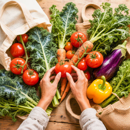 Hands holding ripe tomatoes among fresh organic vegetables like kale, carrots, and bell peppers on a rustic wooden table, emphasizing sustainable consumption choicesの素材