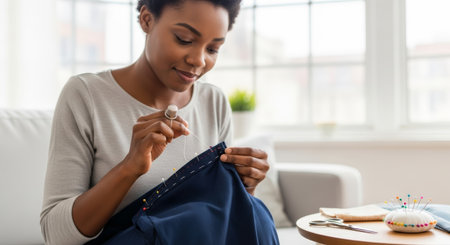 Woman is sewing a blue fabric in a cozy living room, surrounded by natural light, showing her skills and dedication to sustainable fashion and creativityの素材