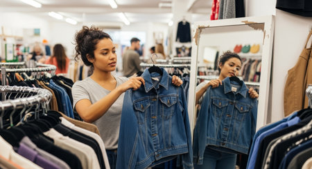 Female shopper holds denim jacket in clothing store, surrounded by various garments, promoting sustainable fashion and conscious consumer habitsの素材