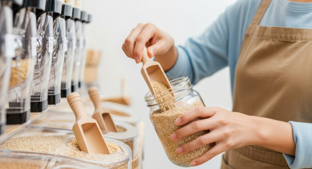Female shopper in apron fills glass jar with grains using a wooden scoop, surrounded by bulk bins, highlighting sustainable consumption and eco-friendly choicesの素材