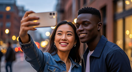Asian woman and African American man smiling while taking a selfie outdoors at dusk, with vibrant city lights creating a lively atmosphere, highlighting their friendshipの素材