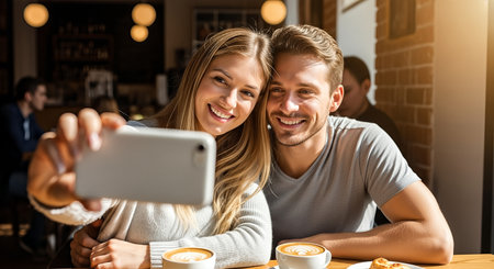 Young couple happily taking a selfie in a cafe, surrounded by coffee cups and pastries, creating a lively and cheerful ambiance with friendsの素材