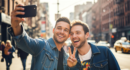 Two friends are happily taking a selfie in a lively city street, surrounded by urban architecture and people, expressing joy and camaraderie in their momentの素材
