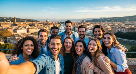 Diverse group of friends enjoying a cheerful selfie with a beautiful city view in the background, showcasing their happiness and camaraderie in a lively atmosphereの素材
