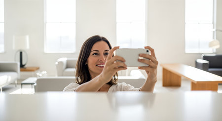 Happy woman captures a selfie with friends in a stylish living room, featuring modern furniture and large windows that create a cheerful ambianceの素材