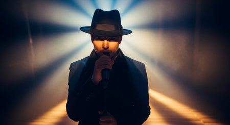 Male vocalist in a black ensemble, singing passionately on stage, surrounded by dramatic lighting and a spotlight, enhancing the vibrant performance energyの素材