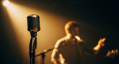 Vintage microphone captures attention in the foreground, while a musician performs passionately in the background, surrounded by warm stage lights and an energetic ambianceの素材