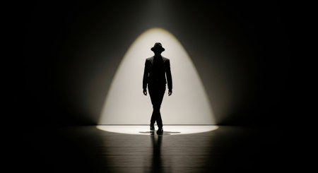 Confident figure in a suit and hat walks towards spotlight on dark stage, creating a dramatic atmosphere of performance and self-expressionの素材