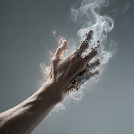 A hand appears from swirling smoke and dust, representing the battle against drug addiction, with a focus on transformation and the journey toward recoveryの素材