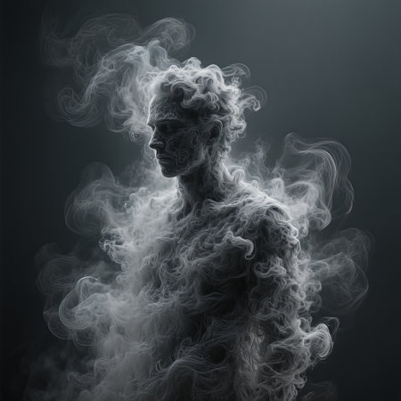 Figure made of smoke symbolizes the battle against drug addiction, set against a dark background that enhances the emotional depth and complexity of the themeの素材