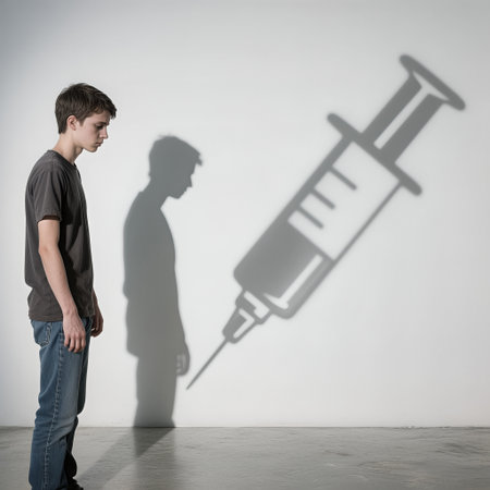 Male youth stands against a wall, casting a shadow of a syringe, representing the challenges of drug addiction and its effects on individuals and communitiesの素材
