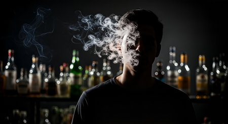 Young man in silhouette exhales smoke in a dark bar, with blurred bottles behind him, capturing the essence of addiction and its emotional weightの素材