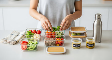 Female individual organizes fresh vegetables and grains in glass containers, emphasizing sustainable consumption and healthy meal preparation for a nutritious lifestyleの素材