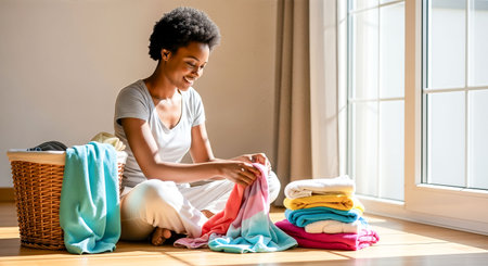 Woman is folding vibrant laundry in a sunny room, with a basket of clothes nearby and neatly arranged towels, creating a warm and inviting atmosphereの素材
