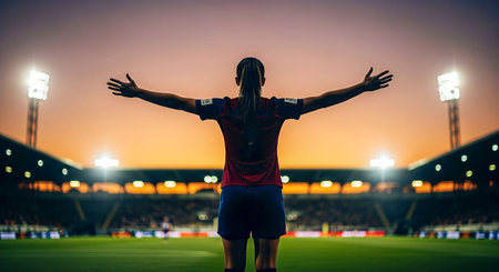 Woman athlete stands on football field, arms raised in celebration, surrounded by stadium lights and a colorful sunset, embodying joy and achievementの素材