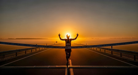 Male athlete triumphantly crosses the finish line at sunrise, arms raised in celebration, surrounded by a misty landscape and vibrant sky, embodying success and perseveranceの素材