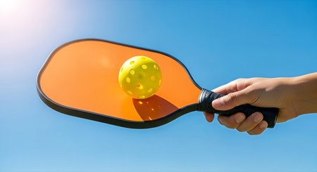 A hand grips a pickleball paddle with a yellow ball hovering above it, set against a vivid blue sky, capturing the excitement of outdoor sports and leisureの素材