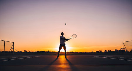 Athletic male tennis player in silhouette, poised to hit a ball at sunset on an outdoor court, with vibrant colors illuminating the scene and creating a dramatic atmosphereの素材