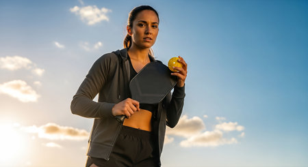 Female athlete stands confidently outdoors, holding a pickleball paddle and ball, with a vibrant sky in the background, embodying strength and focusの素材