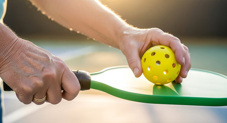 Hand holding green paddle and yellow pickleball, poised for action on a sunlit court, capturing the excitement and dynamic nature of pickleball gameplayの素材