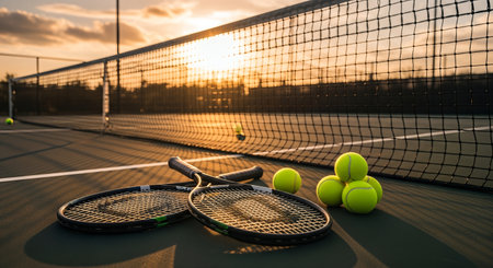 Tennis equipment, including rackets and yellow balls, is positioned on the court near the net, bathed in warm sunset light, enhancing the energetic sports sceneの素材