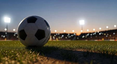 Soccer ball positioned on vibrant grass, surrounded by glowing stadium lights at dusk, creating an energetic and competitive sports environmentの素材