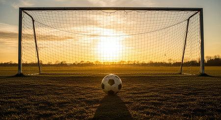 Silhouette of soccer goalpost at sunset, with a ball on the grass, creating a serene outdoor sports scene, evoking feelings of leisure and competitionの素材