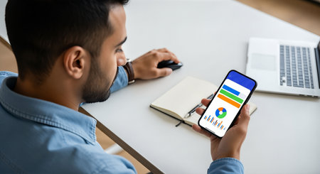 Male individual engages with smartphone displaying financial graphs, seated at a modern desk with a laptop and notebook, highlighting the importance of financial literacyの素材
