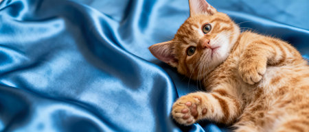 Pets. Orange tabby kitten is playfully lying on smooth blue satin fabric, highlighting its charming expression and soft fur in a cozy indoor environmentの素材