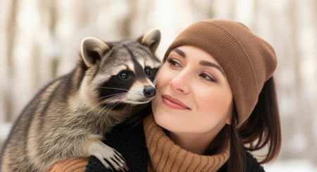 Pets. Female with brown beanie and sweater is enjoying a moment with a raccoon on her shoulder in a snowy forest, highlighting the connection with nature and animalsの素材