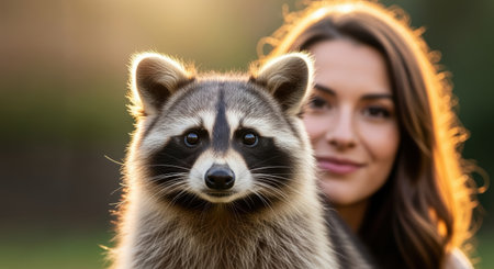 Pets. A raccoon with striking features is being held by a woman in a serene outdoor environment, highlighting the connection between pets and their caregivers in a joyful sceneの素材