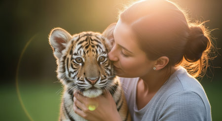Pets. Woman embraces and kisses a tiger cub in a vibrant outdoor setting, showcasing the bond between humans and animals in a serene, natural environmentの素材
